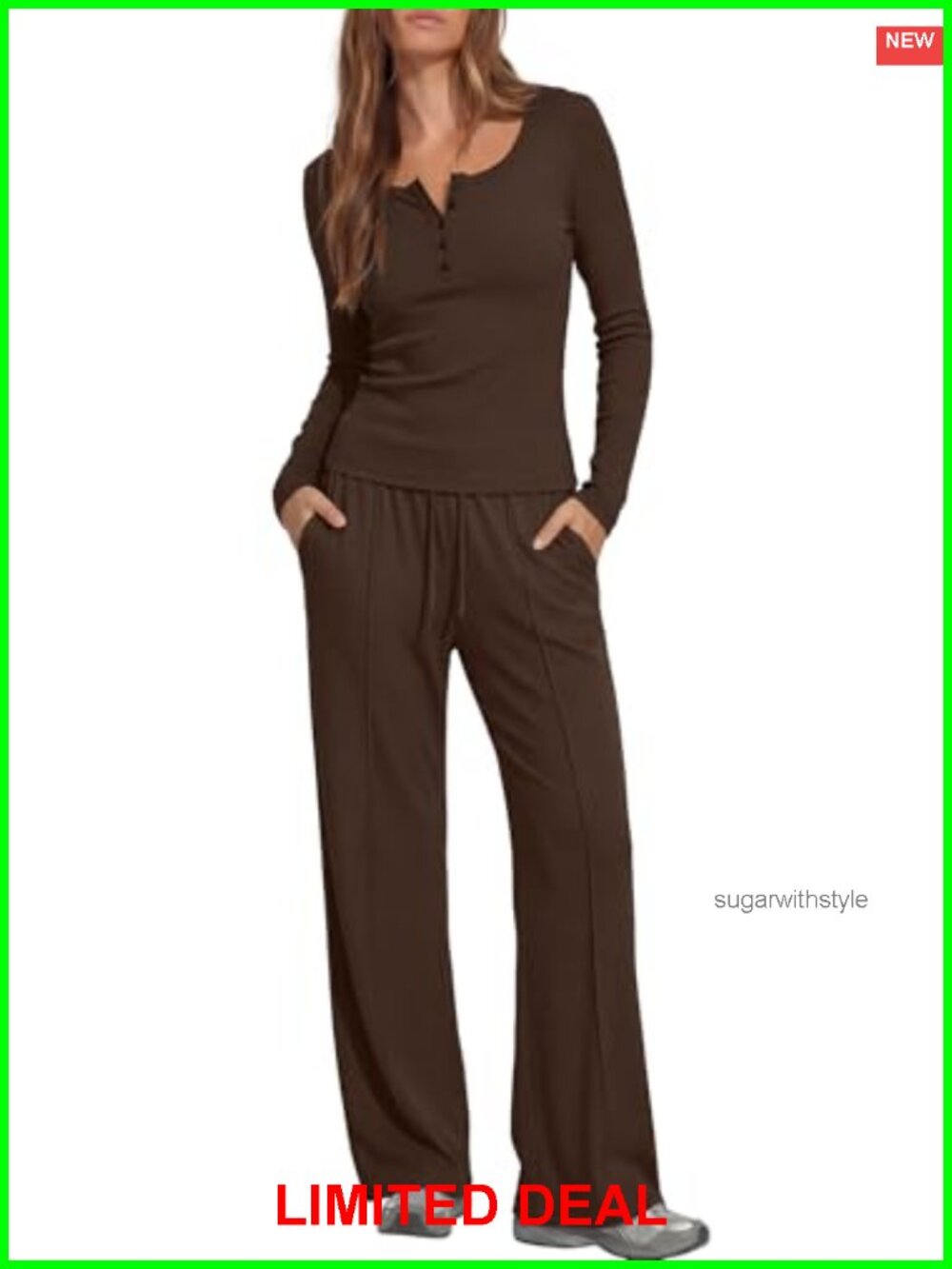Womens 2 Piece Lounge Set Ribbed Cotton Spandex Henley Top Wide Leg Pants